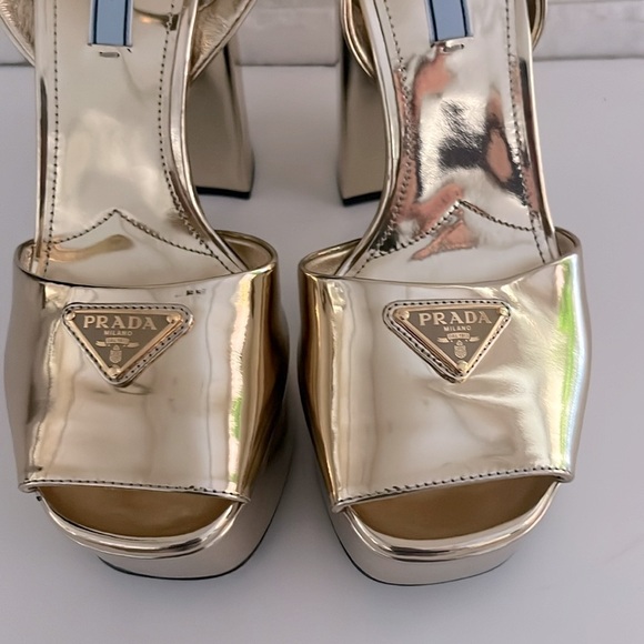 Prada Platform Plateau Ankle Strap Heel Sandals in Metallic Gold 37.5, US 7.5 - Picture 6 of 14